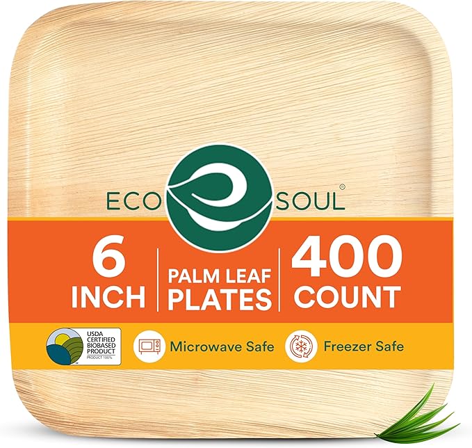 ECO SOUL Palm Leaf Plates 6" Square (400 Count) - Disposable, Eco-Friendly, Biodegradable Bamboo Appetizer Plates - Perfect Dinnerware for Parties, Weddings, Events & Holidays