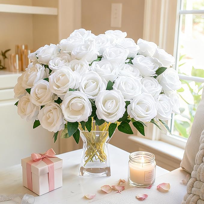 HyeFlora 50 PCS White Roses Artificial Flowers, Fake Roses with Stems Realistic Silk Roses for DIY Wedding Bouquets Tables Centerpieces Arrangements Party Baby Shower Birthday Home Decor Gift for Her