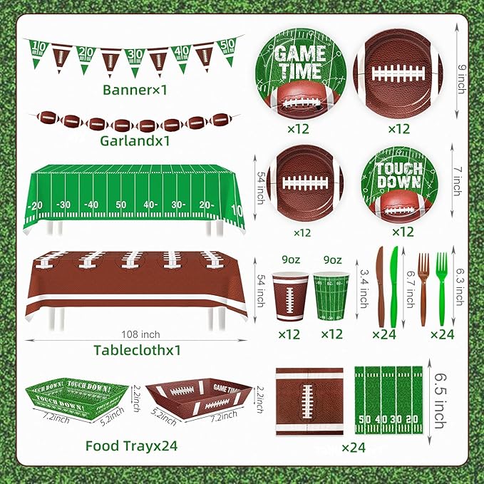 Football Party Decorations for 24 Guests - Football Party Supplies Kit with Plates, Napkins, Cutlery, Food Trays, Banner, Tablecloths for Tailgate & Birthday Party