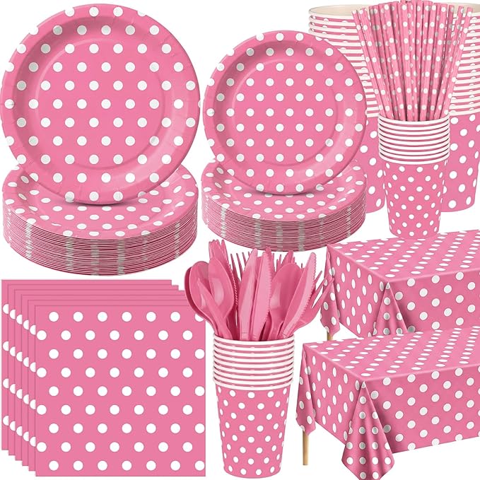 452 Pcs Pink Polka Dot Party Supplies for 50, Pink and White Polka Dot Paper Plates Napkins Cups Tablecloth Cutlery Straws for Mouse Birthday Carnival Family Picnic Barbecue Party Decoration