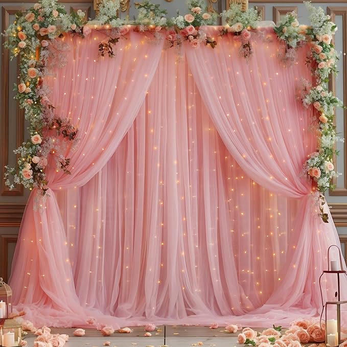30x10ft Dusty Rose Tulle Backdrop Curtain with Lights String for Parites, Sheer Photo Backdrop Curtains with Lights for Wedding Backdrop Ceremony Reception Bridal Shower Baby Shower Birthday Party