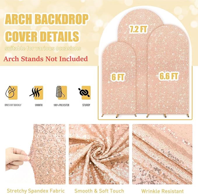 FUHSY Set of 3 Arch Backdrop Cover 7.2FT/6.6FT/6FT Rose Gold Spandex Sequin Arch Covers Stretchy Backdrop Glitter Wedding Arch Stand Cover for Birthday Party Banquet Graduation Ceremony Decoration