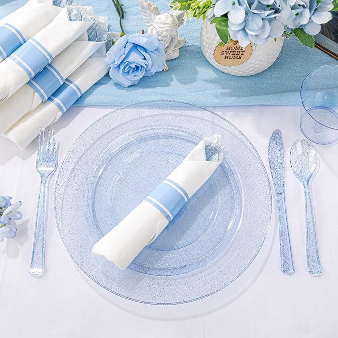 DaYammi 350 Pieces Blue Glitter Dinnerware Set 50 Guest for Party- 50 Dinner Plates, 50 Dessert Plates -50 Per Rolled Napkins with Blue Cutlery - 50 Disposable Cups 9 OZ