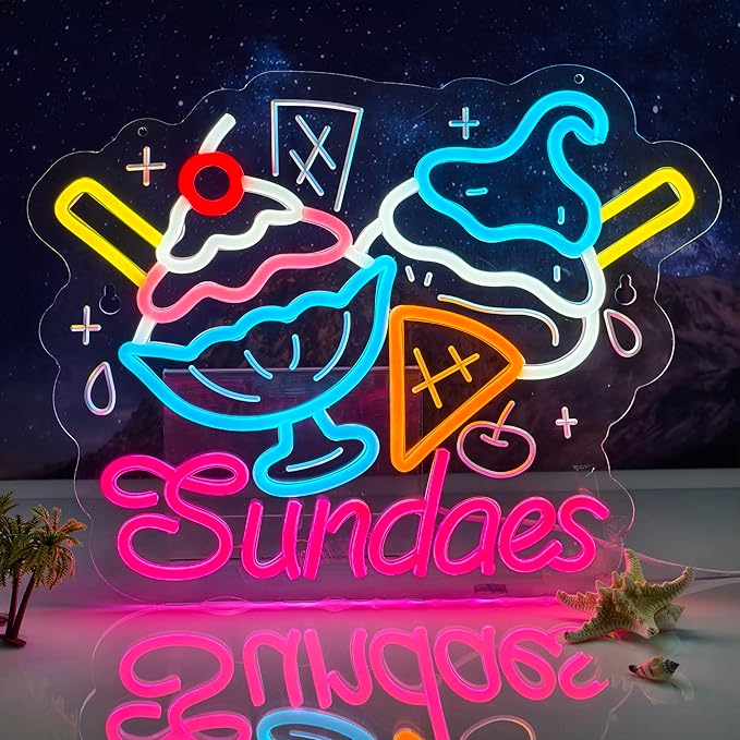 Sundaes Neon Sign, Neon Lights Hanging Wall Art Decoration for Ice Cream Dessert Shop Café Yogurt Store Summer-themed Event Home Decor, USB Powered Ultra Bright Dimmable, 15.75×12.2inches