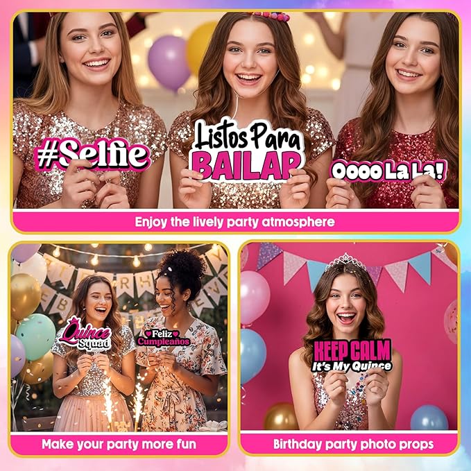 24 Pcs Spanish Quinceanera Photo Booth Props 15th Birthday Parties Decorations Single Sided 11.8" Mis Quince Anos DIY Water Proof Selfie Signs PVC Printing Photo Props for Decorations