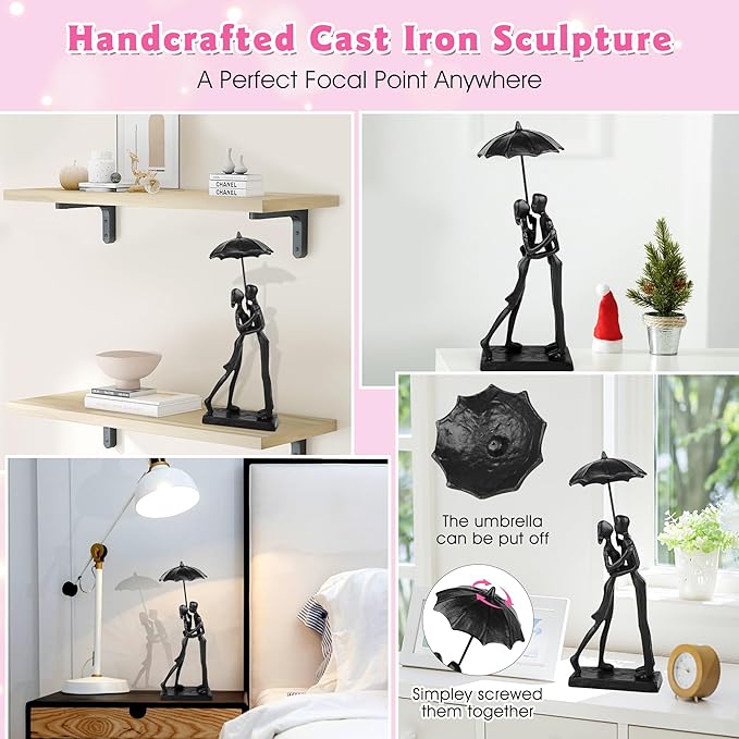 Anniversary for Couple/Her, Affectionate Couple Statue Kissing Under Umbrella, Handcrafted Cast Iron Sculpture in Love, for Wedding Gifts 6th Anniversary Valentines Gifts for Her Him