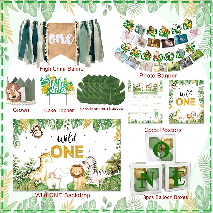 Wild One Birthday Decorations,Jungle Safari Animal Theme First Birthday Decorations Baby Shower Party Supplies for Boy Girl Photo Banner, Balloon Box, Balloons Garland, High Chair Banner, Backdrop