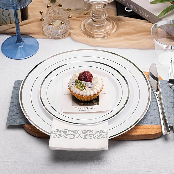 N9R 700PCS Silver Disposable Dinnerware Set for 100 Guests, White Plastic Plates with Silver Rim, Include 100 Dinner & Dessert Plates, Plastic Silverware Set, Cups, Napkins for Party and Wedding