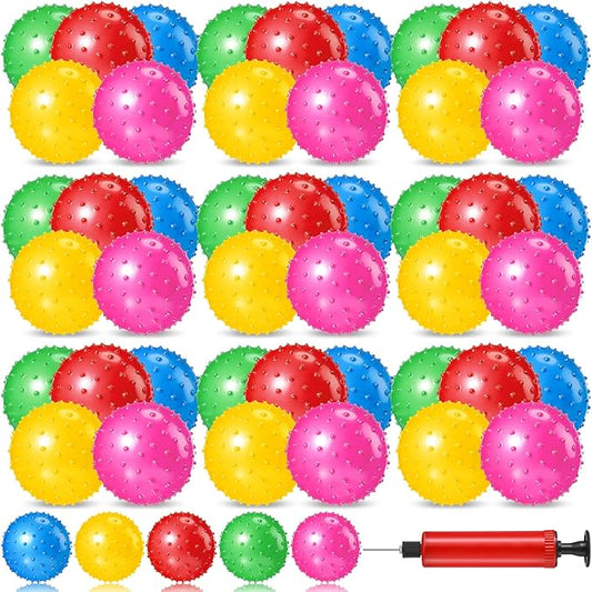 Jexine 150 Pcs 6.3 Inch Knobby Balls Bulk Spiky Bounce Ball Sensory Balls with Air Pump Small Inflatable Bouncy Balls Soft Bounce Party Favors for Kids Baby Massage Stress Play Set, 5 Assorted Colors