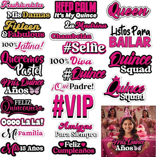 24 Pcs Spanish Quinceanera Photo Booth Props 15th Birthday Parties Decorations Single Sided 11.8" Mis Quince Anos DIY Water Proof Selfie Signs PVC Printing Photo Props for Decorations