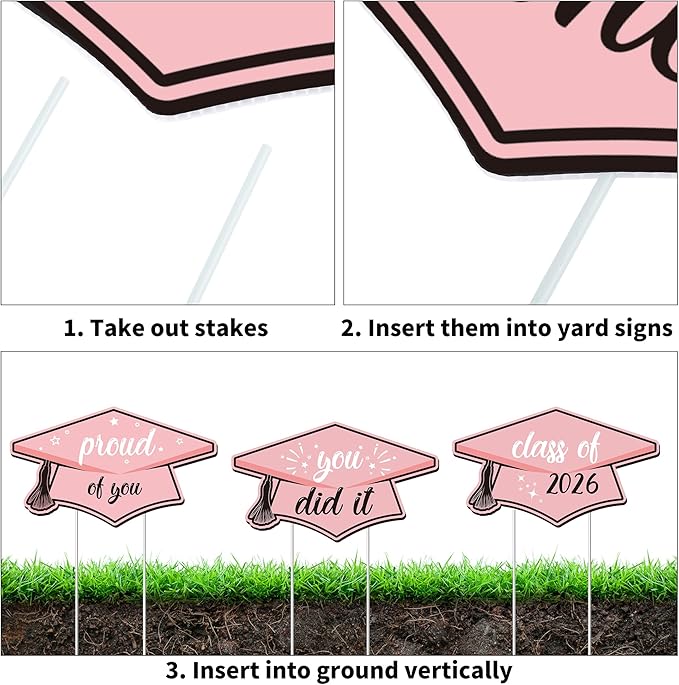 Aneco Waterproof 2026 Grad Yard Signs Plastic Graduation Yard Signs Party Outdoor Lawn Decorations 16 Inches Glitter Congrats Grad Lawn Sign with Stakes for Outdoor Party Garden Decor (Pink)