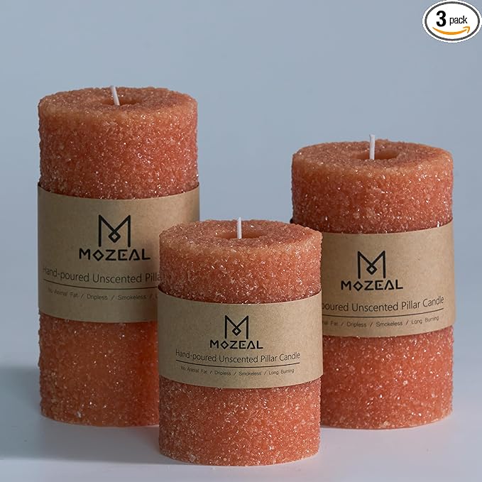 MOZEAL Hand-Poured Granular Texture Decorative Burnt Orange Pillar Candles Set of 3 (3"x4", 5", 6"), Dripless, Unscented, Smokeless, for Fall Fireplace, Thanksgiving Table & Autumn Décor