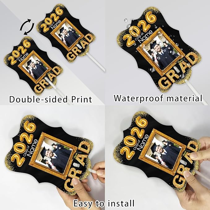 Personalized Graduation Double Sided Face Fan Class of 2026 Customized Graduation Head Face Cutout with Handle Fun Photo Prop Supplies(A-Black and Gold,24pcs)