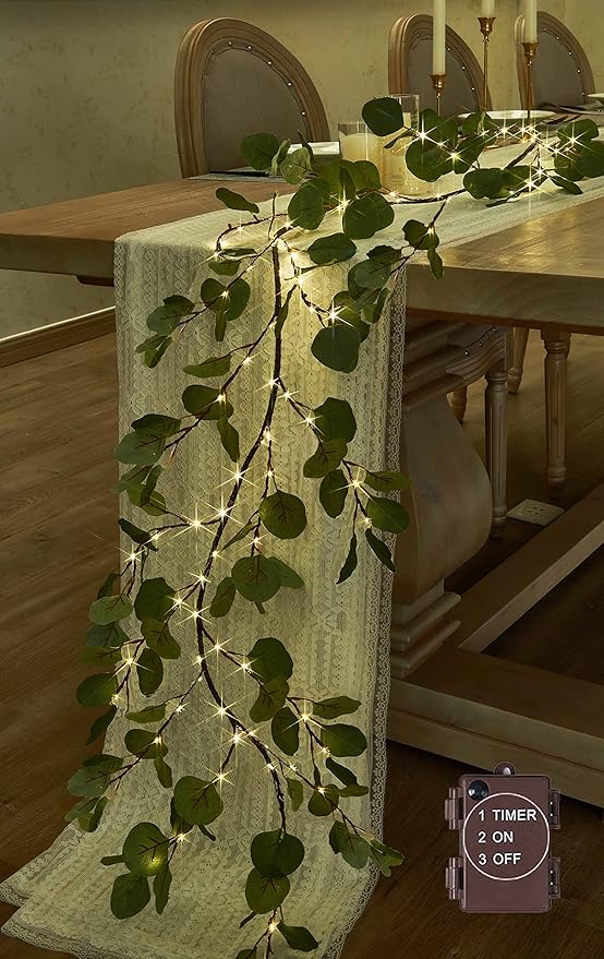 Hairui Lighted Artificial Eucalyptus Garland 6FT 96 LED Battery Operated Faux Vine Lights with Timer for Spring Wedding Backdrop Wall Decoration