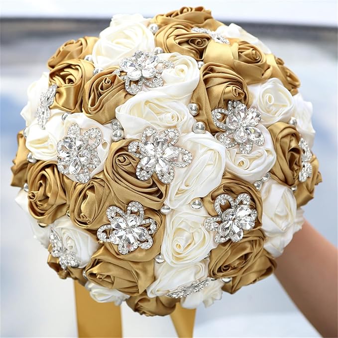 Bridal Wedding Bouquet for Bride Bridesmaid Wedding Quinceanera Throw Toss Artificial Rose Flower Bunch with Bling Brooch (AS#Gold Ivory, Large (Dia. 9.8"/24cm))