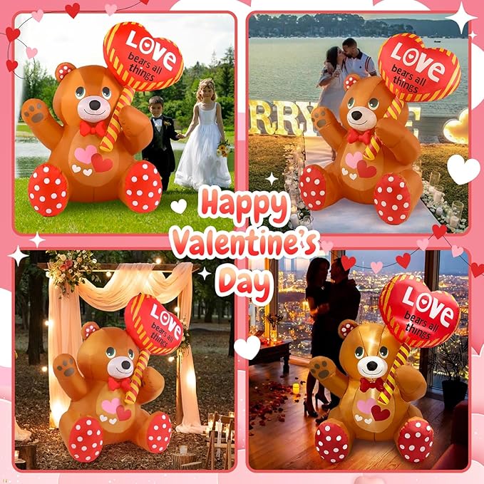 LETIME 4FT Valentines Day Inflatable Outdoor Decorations Bear Holding Heart Balloon LED Lighted Blow-up Yard Decor Romantic for Party Birthday Anniversary Wedding Propose
