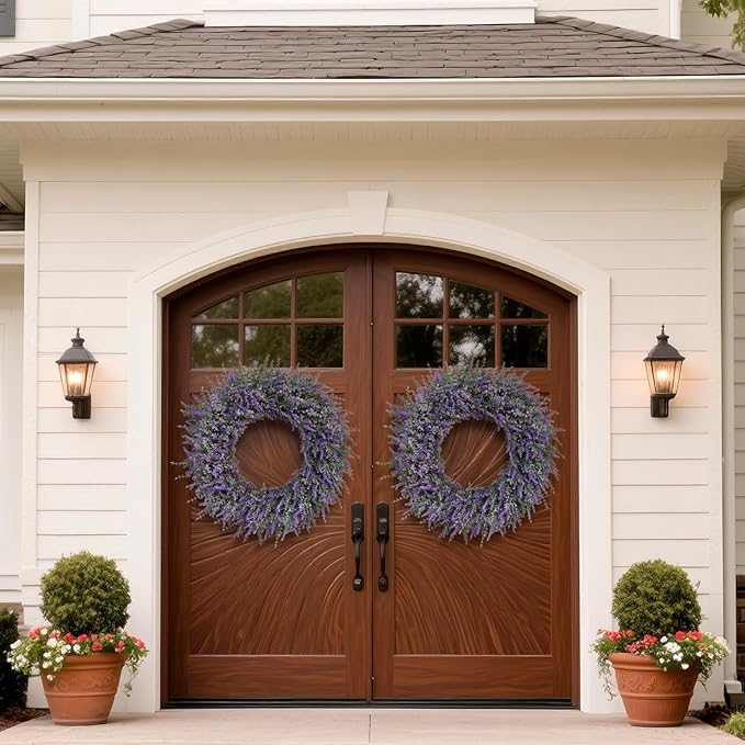 32'' Large Eucalyptus and Lavender Wreath for Front Door, Porch, Window- Artificial Eucalyptus Leaves with Lavender Wreath for Home, Farmhouse Wall Decor- Spring, Summer, Fall, All Seasons (Purple)