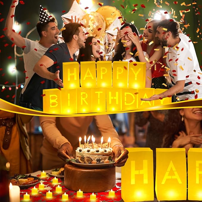 6085 Pcs Happy Birthday Light Up Letters with LED Flameless Tealight Candle Red Rose Petal Letter Luminary Paper Bag for Decoration Party Romantic Night Decor for Women Men
