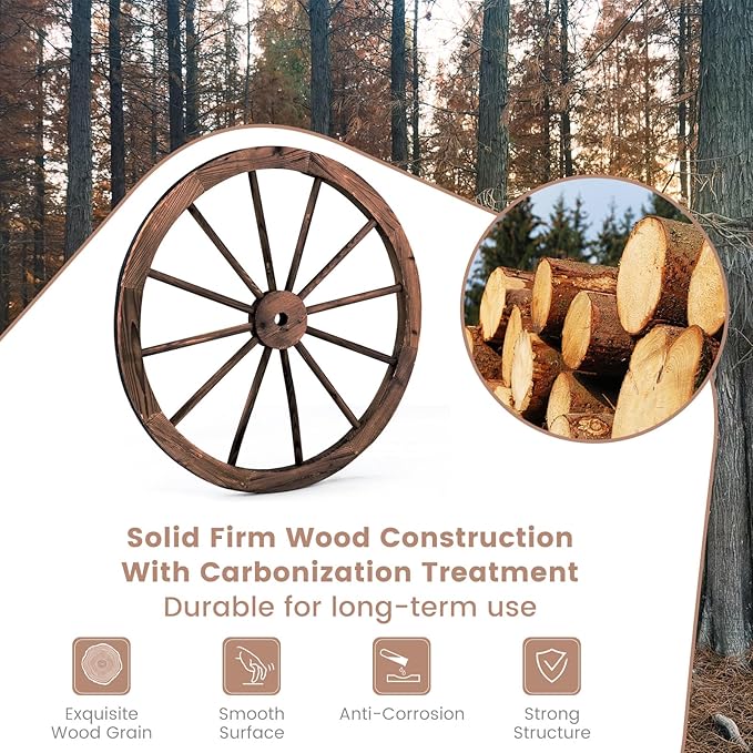 Tangkula 30" Decorative Wooden Wheels Set of 2, Decorative Wall Fir Wood Treated by Carbonization, Vintage Wagon Wheels for Garden, Bar, Restaurant Decoration (2 Pack)