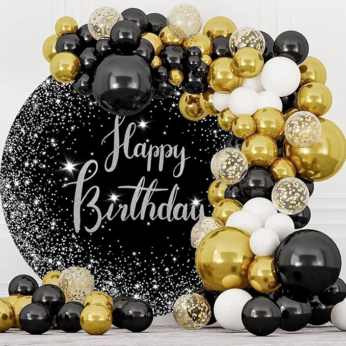7.2ft Happy Birthday Round Backdrop Cover Black and Silver Birthday Circle Photography Background Glittering Stars Diamonds for Women Man Boys Girls Baby Birthday Party Decoration Photo Props