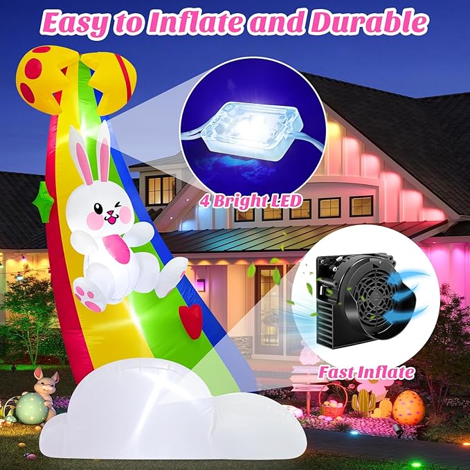 MICOCAH 6FT Tall Easter Inflatable Outdoor Decoration Cute Blow Up Bunny Sliding on Rainbow, Built-in LED Light Blowups Egg Yard Decor for Outside, Lawn, Patio, Garden, Spring, Holiday, Party
