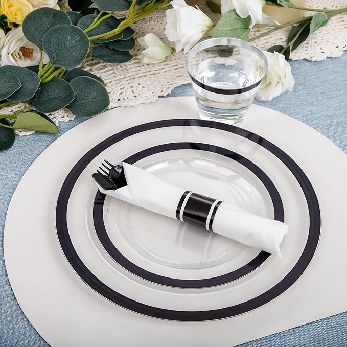 I00000 350 Pcs Clear and Black Plastic Plates,Black Dinnerware Set, Include 50 Dinner and 50 Dessert Plates,50 Plastic Cups,50 Pre Rolled Napkins with Cutlery for Party
