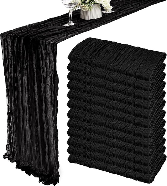 12 Pack 10Ft Cheesecloth Table Runner 35x120 Inch Boho Gauze Table Runner Rustic Cheese Cloth Long Romantic Table Runners for Wedding Bridal Shower Birthday Party Table Decor (Black)