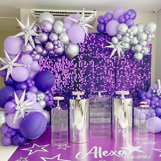 COKAOBE Purple Shimmer Wall Backdrop, 24PCS Square Sequin Shimmer Backdrop Panel, Photo Backdrops for Birthday, Anniversary, Wedding, Graduation & Bachelorette Party Decoration
