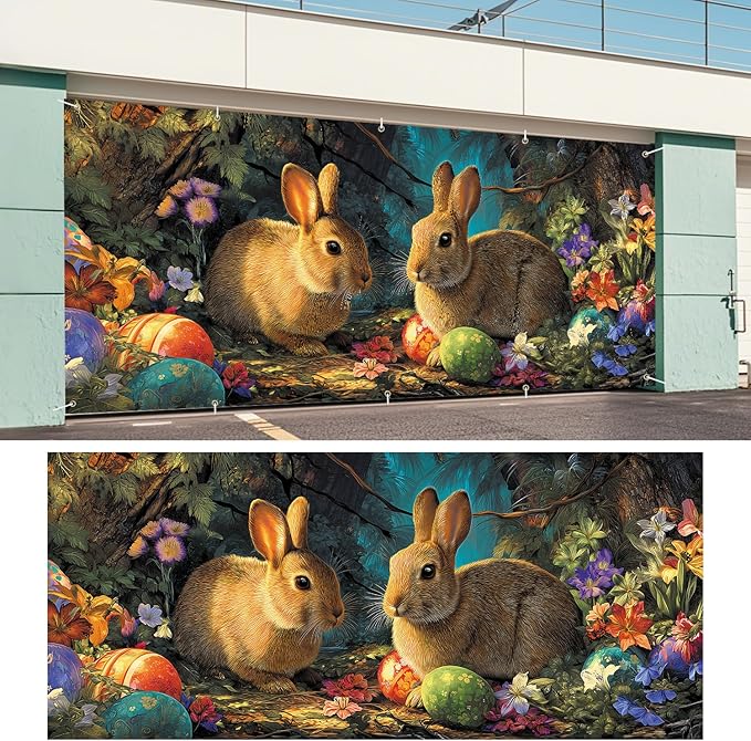 Easter Bunnies and Eggs Garage Door Banner 7x16FT, Cute Bunnies and Colorful Eggs Outdoor Spring Holiday Decoration for Yard and Garage