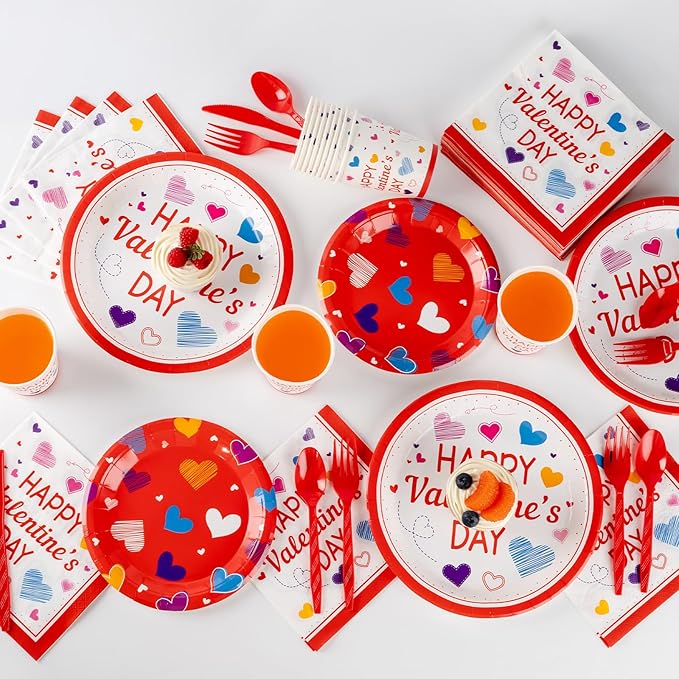 350PCS Valentine's Day Party Supplies for 50 Guests-Valentine's Day Party Decorations Include Disposable Paper Plates, Napkins, Cups, Tableware