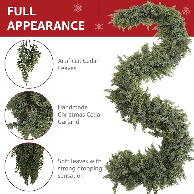 Cedar Christmas Garland for Mantle - Decorations with Lights 9ft Realistic Lighted Faux Pine Garlands for Xmas Home Decoration Indoor Stairs Railing Fireplace Outdoor 9 ft Prelit Garland Door Decor