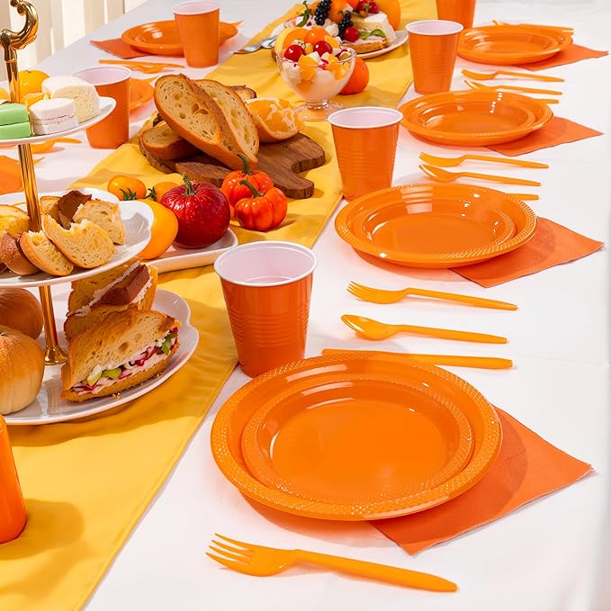 MirthMood 350PCS Orange Plastic Plates,Orange Disposable Plates Set– Plastic Plates Set Includes 50 Dinner,50 Dessert Plate,50 Cup&50 Napkins, 50 Silverware for Wedding & Birthday Parties