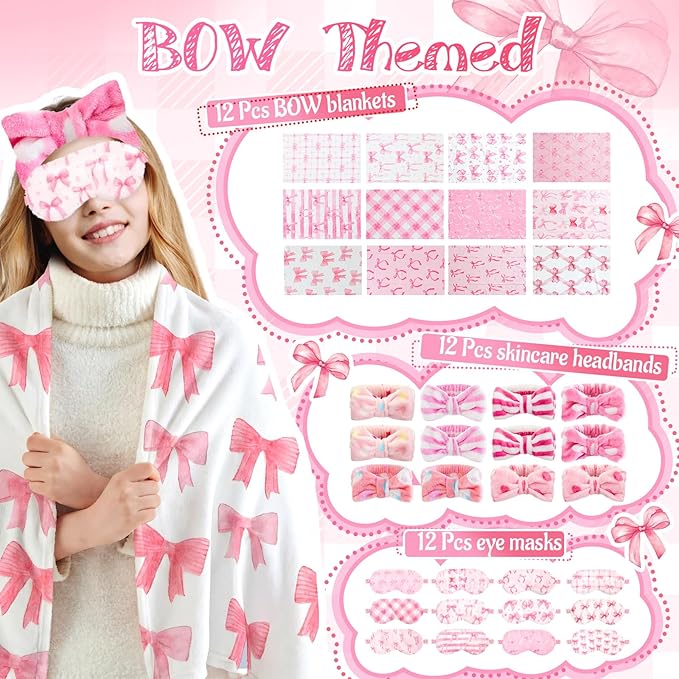 36 Pcs Sleepover Party Supplies for Girls, 12 Style Cute Pink Bow Blanket 12 Coral Fleece Spa Headband 12 Plush Pink Eye Mask Cover for Slumber Sleepover Spa Party Gift(Cute)