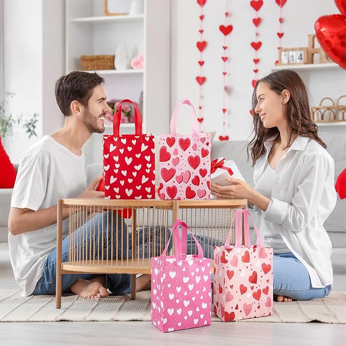Wesnoy 48 Pcs Valentine's Day Gift Bags Bulk Reusable Medium Non Woven Heart Snack Candy Goodie Treat Tote Bags with Handle for Galentines Event Party Favor Gift Wrap,10 x 8 x 4 Inch