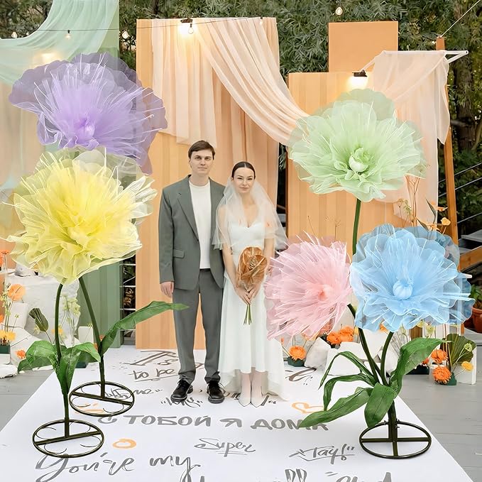 Leinuosen 5 Pcs Giant Flowers Decoration Large Organza Flowers with Stand Huge Poppy for Spring Tea Bridal Shower Wedding Birthday Party Entrance Decor Corporate Event Photography Booth Indoor Outdoor