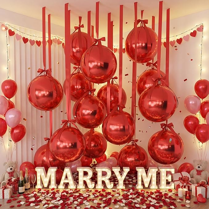 Jenaai 30 Set Valentine's Day Round Foil Balloons Bulk 22 Inch 4d Metallic Giant Balloons Set with Satin Bows Ribbon for Ceiling Holiday New Year Birthday Wedding Party Decoration(Red)