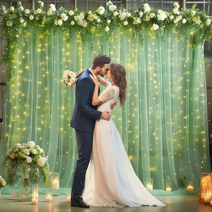 10ft x 10ft Green Backdrop Curtain with Lights String for Parties, Sheer Tulle Wedding Photo Backdrops Drapes for Baby Shower Birthday Party Decorations Background for Photography