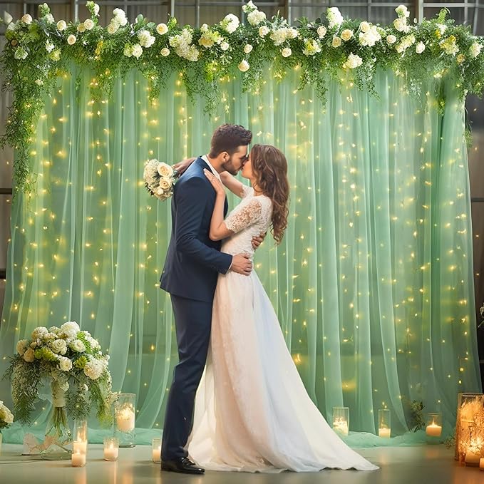 10x10ft Green Tulle Backdrop Curtain with Lights String for Parites, Sheer Photo Backdrop Curtains with Lights for Wedding Backdrop Ceremony Reception Bridal Shower Baby Shower Birthday Party