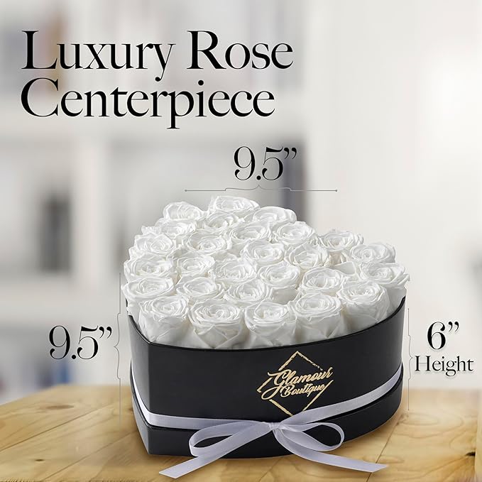 GLAMOUR BOUTIQUE 27 Flower Forever Heart Shape Box, Eternal Preserved Roses Gift for Her, Lasting Flowers, Premium Floral Heart Box for Birthday, Anniversary or Valentine’s Day, White (Color-Treated)