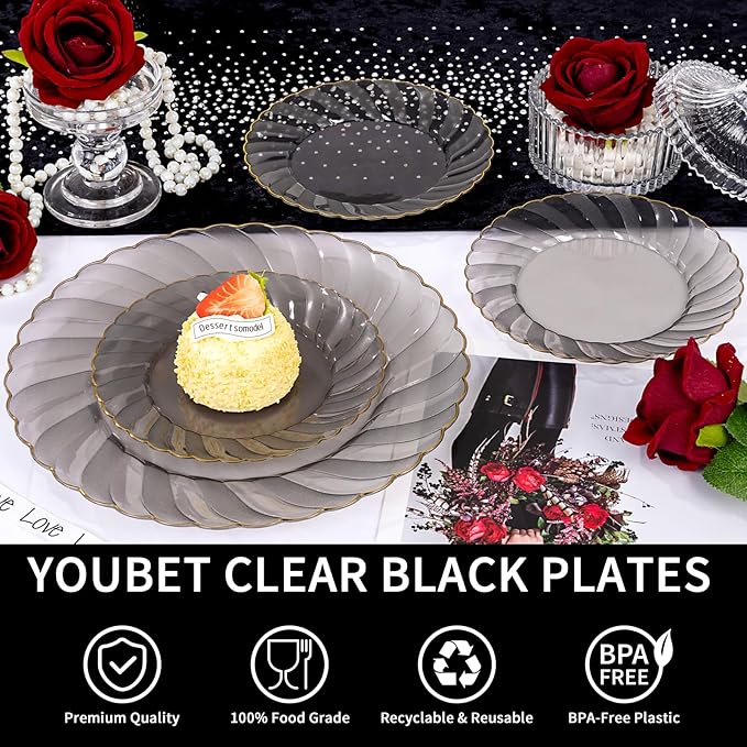YOUBET 125PCS Clear Black Plastic Plates - Black and Gold Disposable Plates Include 50 Plate, 75 Gold Silverware for Wedding & Party & Birthday