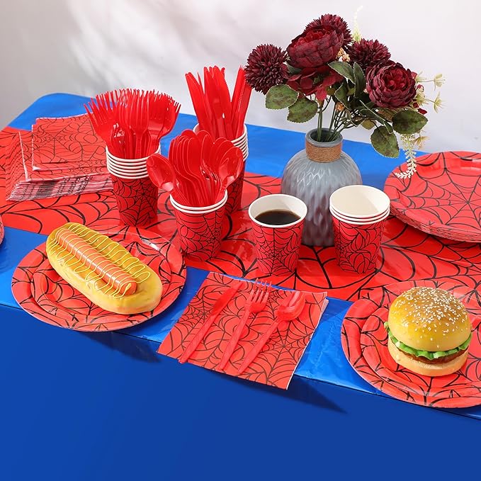 Oudain 324 Spider Birthday Party Decoration Supplies Red Blue Disposable Rectangular Spider Web Tablecloth Paper Plates Napkins Cups Set Plastic Dinner Tableware Forks Spoons Knifes