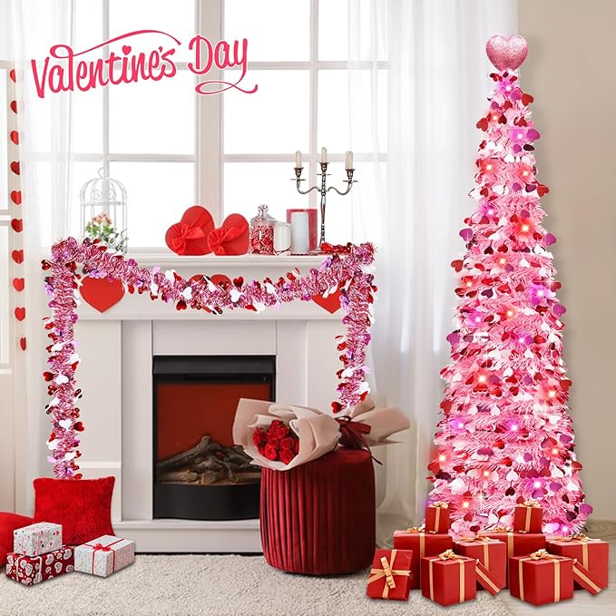 Valentines Day Decorations 5Ft Pink Valentines Christmas Tree with Lights Timer Battery Operated Pop Up Artificial Tree with Heart Ornaments, Heart Topper Decorations for Indoor Home Outdoor Office