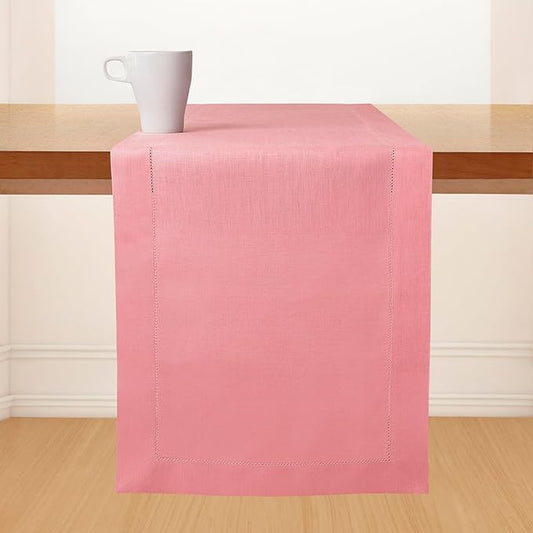 D'Moksha Homes Linen Dusty Pink Table Runner 120 Inches Long - 100% Pure Linen Hemstitch 14 x 120 Inch Table Runner for Dining, Valentines, Spring, Easter - Classic Hemstitch