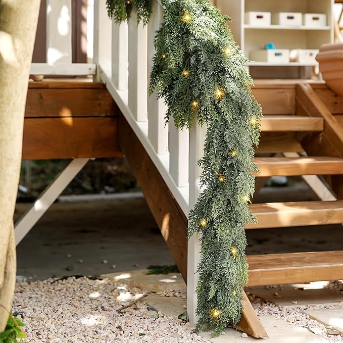 Cedar Christmas Garland with Lights for Mantle - Decorations 6 ft Realistic Lighted Faux Pine Garlands for Xmas Home Decoration Indoor Stairs Railing Fireplace Outdoor 6ft Prelit Garland Door Decor