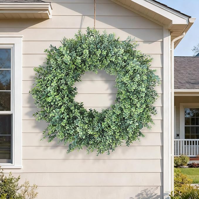 32'' Large Boxwood Wreath for Front Door, Porch, Window- Artificial Boxwood Leaves Greenery Outdoor Wreath for Home, Farmhouse Wall Decor- Spring, Summer, Fall, All Seasons (Green)
