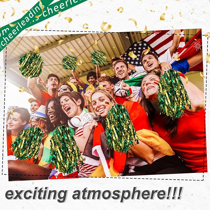 Hanaive 100Pcs Metallic Cheerleading Pom Poms with Baton Handle Cheerleader Pompom Foil 30g Cheering Squad Hand Flowers for Adults Team Spirit Sports Party Cheering