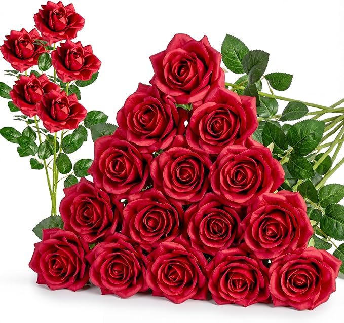 Artificial Flowers Artificial Roses Fake Roses 20PCS Long Stem Artificial Flowers for Tall Vase Silk Rose Suitable for Indoor Wedding Party Decor Valentine's Day DIY Bouquet Spring,Red, 23.2In