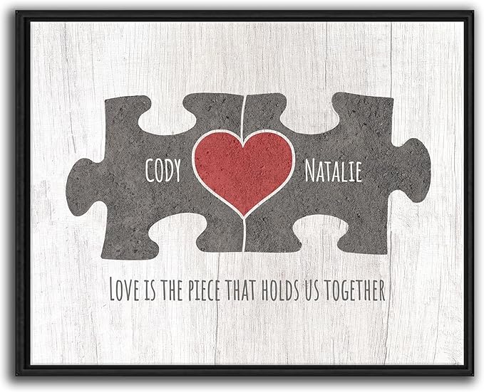 Personal-Prints LOVE PUZZLE - GRAY | Personalized Romantic Canvas Art Gift with Your Names | Custom for Valentine’s Day or Wedding Anniversary (12"x16" Float Framed Canvas)