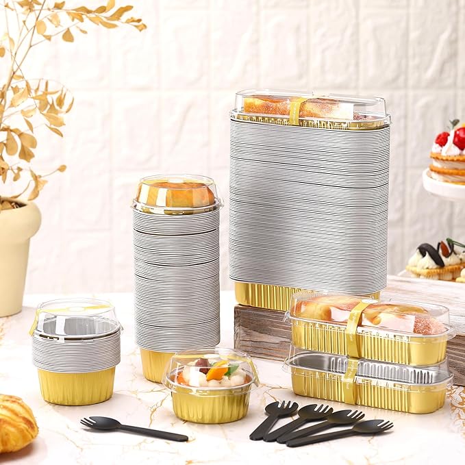 Suclain 600 Pcs Mini Loaf Pans with Lids and Spoons Sealing Stickers 6.8oz Disposable Aluminum Foil Muffin Baking Pans 5oz Cupcake Cups Cake Containers for Mothers Day Holidays Party Picnics(Gold)