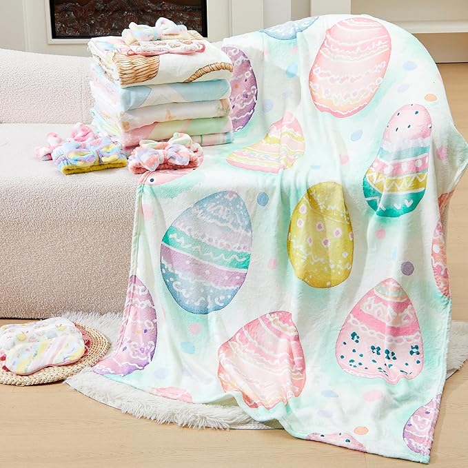 18 Pcs Easter Sleepover Party Supplies for Girls, 6 Style Easter Macarons Bow Blanket 6 Coral Fleece Spa Headband 6 Plush Macarons Eye Mask Cover for Slumber Sleepover Spa Party Gift